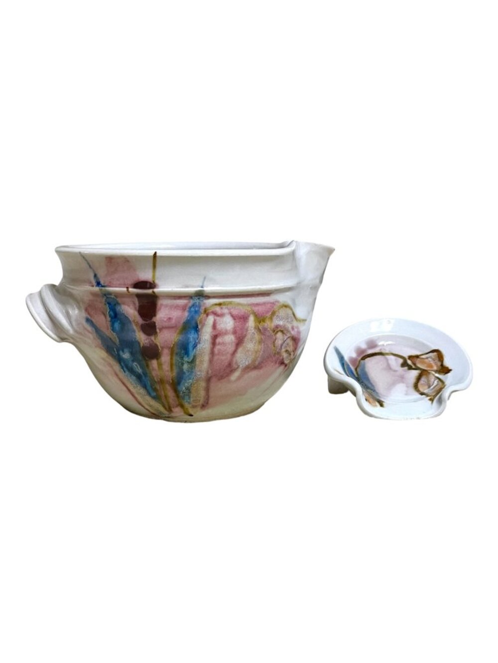 Handcrafted Painted Pottery Mixing Bowl W/Spout & Handle, Matching Spoon Rest